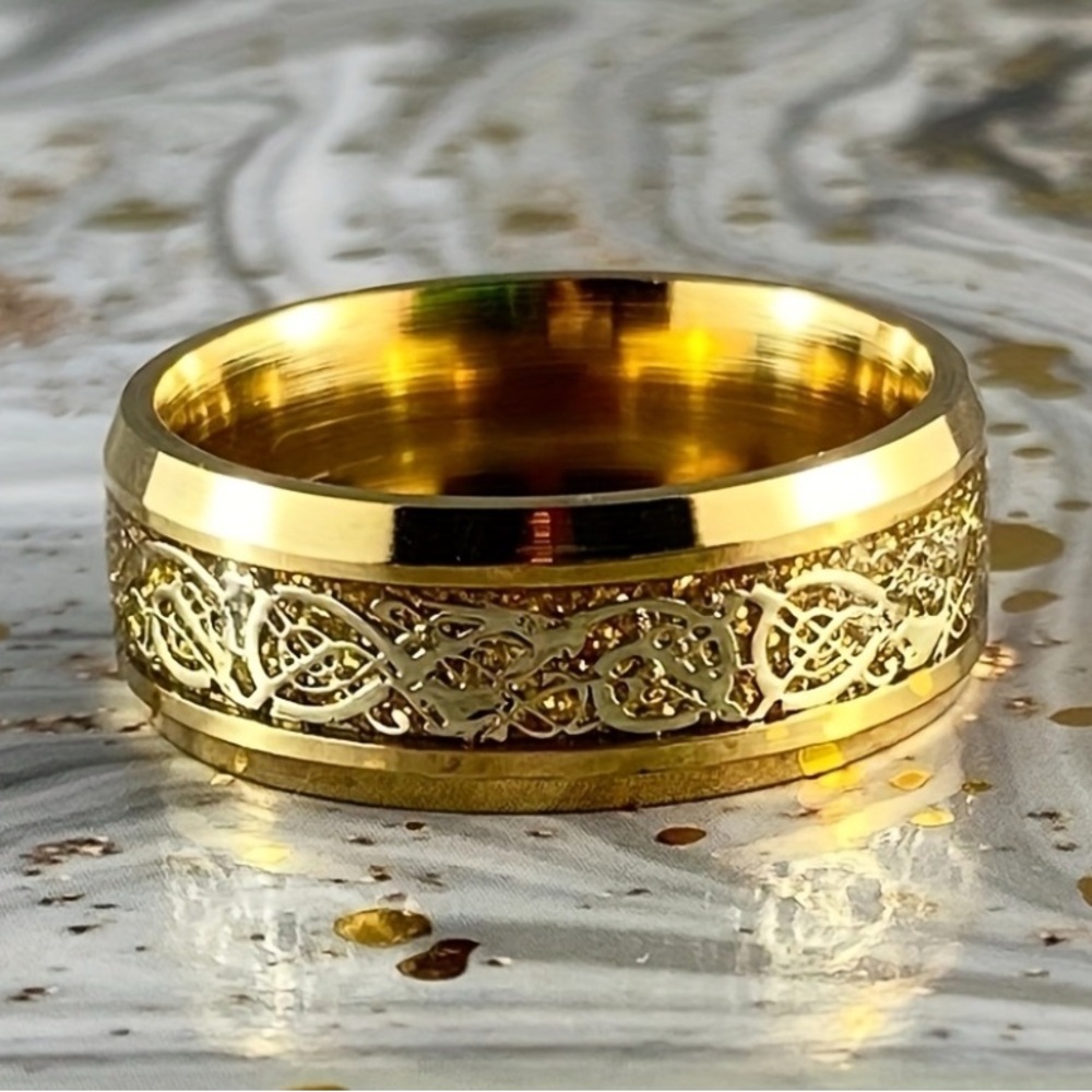 Tungsten Carbide Beveled Edge Celtic Dragon Inlay Ring Size 10